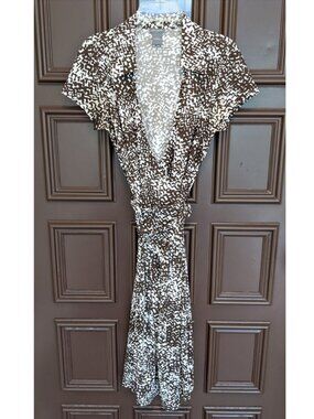 Ann Taylor Wrap Style Midi Dress Cap Sleeves, Tie Waist, Dark Brown & White Sz 2